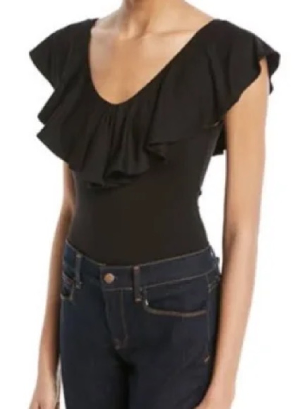 Anthropologie Black Ruffle V-Neck Bodysuit